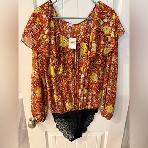 Free People Floral Ruffle Bodysuit Lace Bottom NWT Size Small